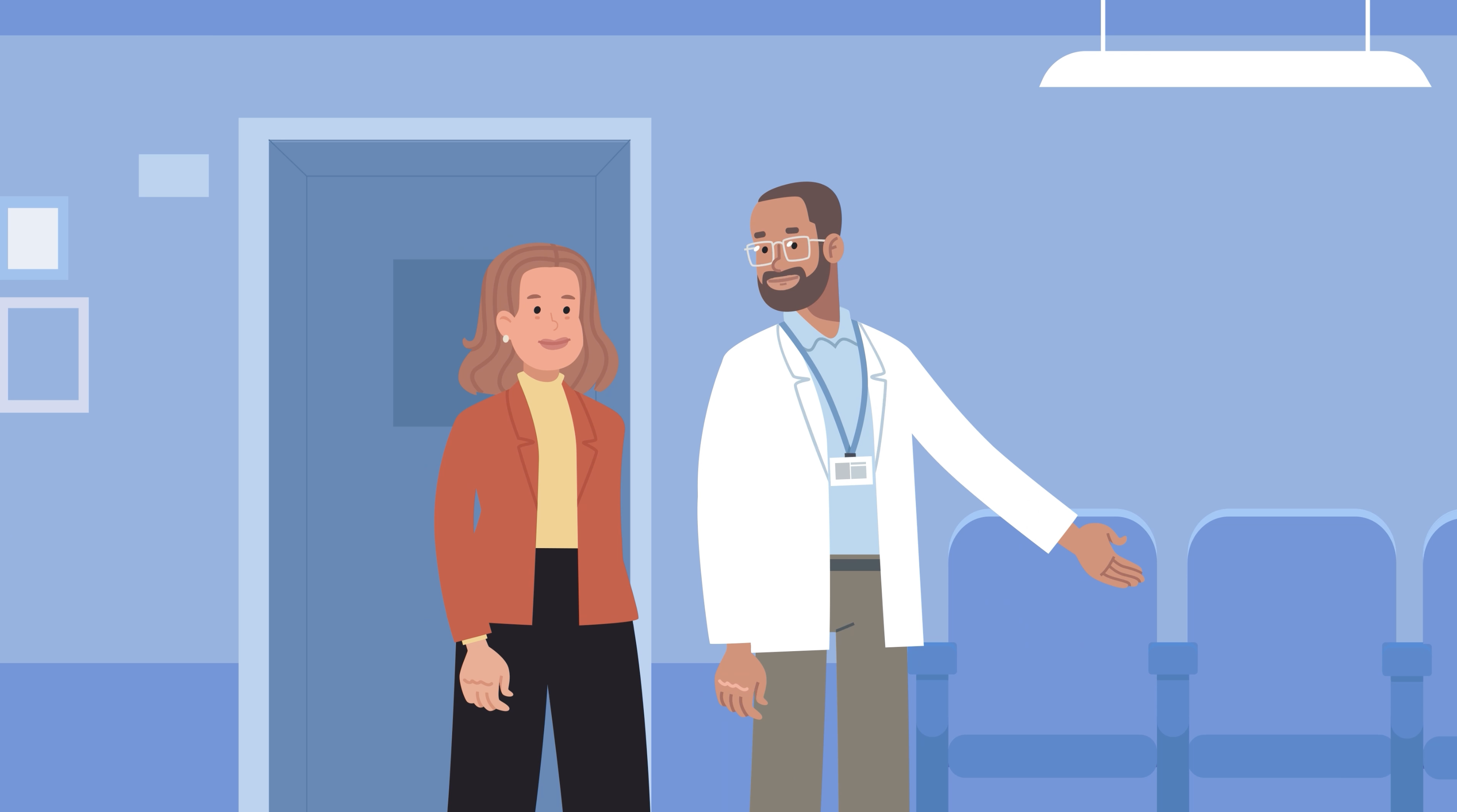 Patient speaking with a doctor in a Hancock Health waiting room