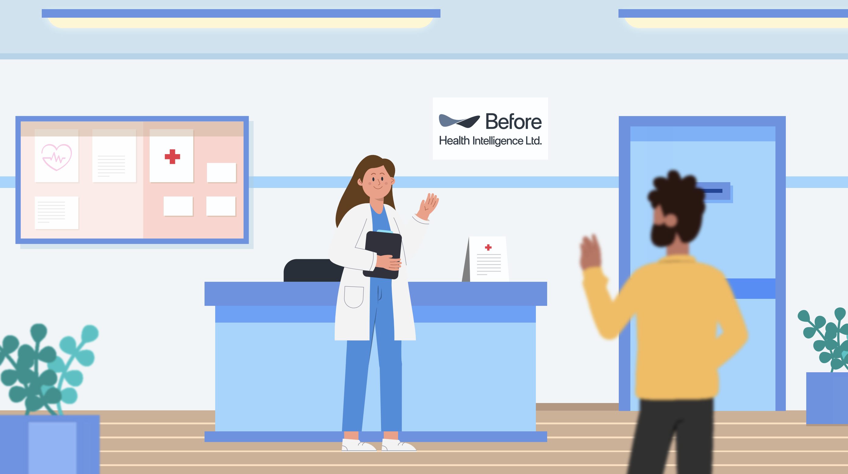 Before Health Intelligence clinic scene with a healthcare professional welcoming a patient