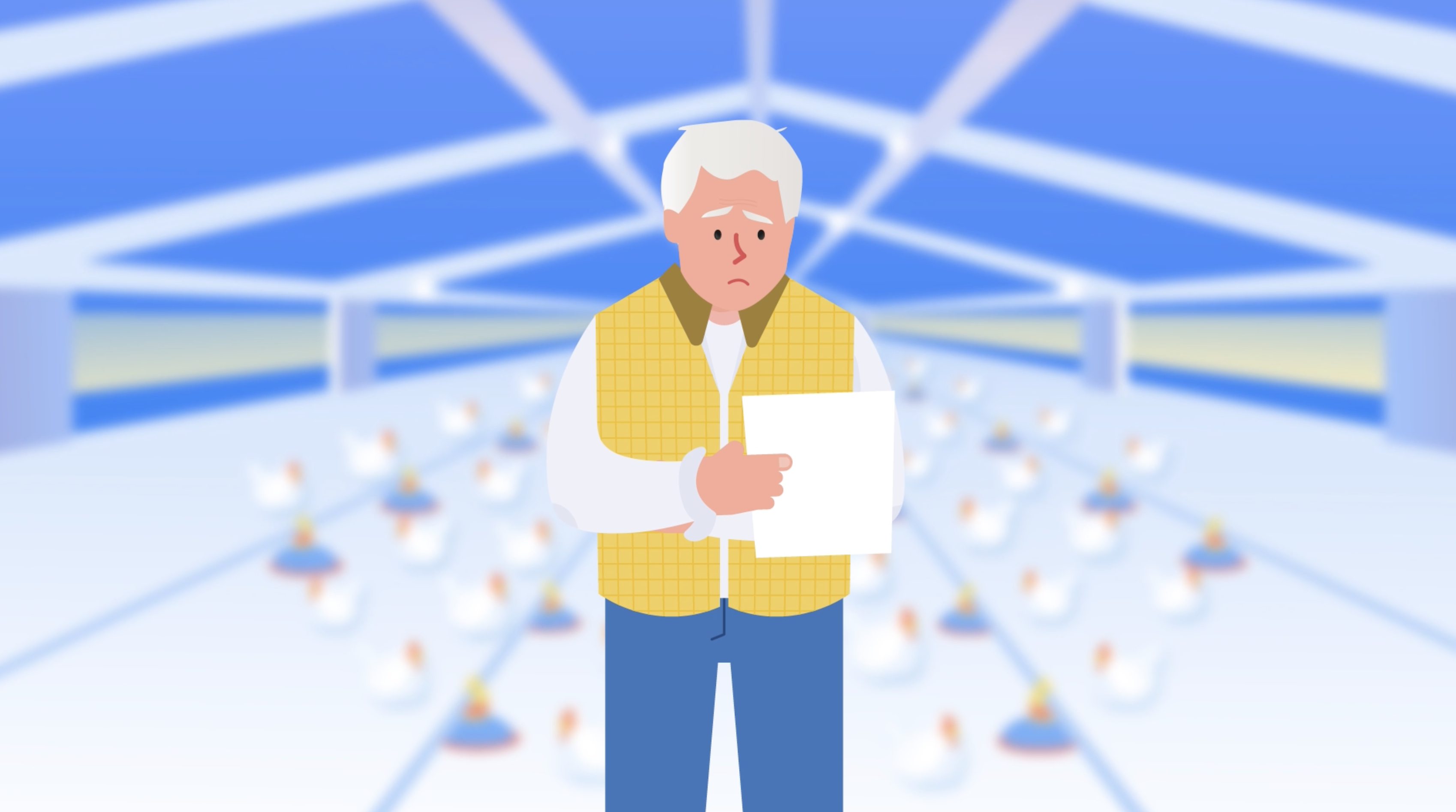 Poultry producer reviewing farm performance data inside a modern poultry house