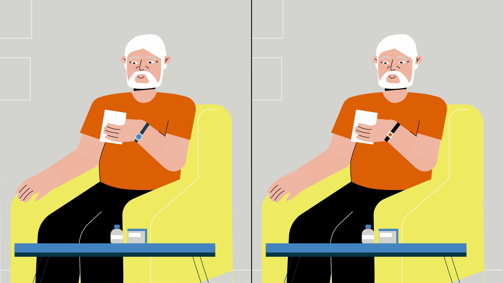 Older adult using a wearable safety device while seated at home