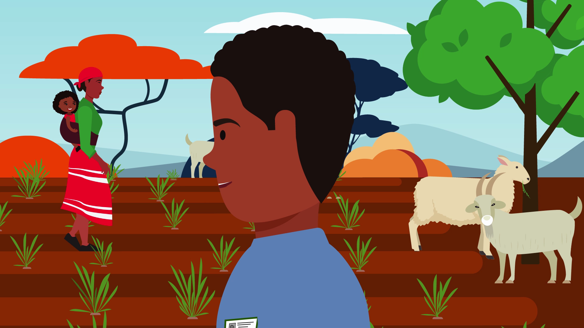 FarmerLink field scene with farmers, livestock, and agricultural crops
