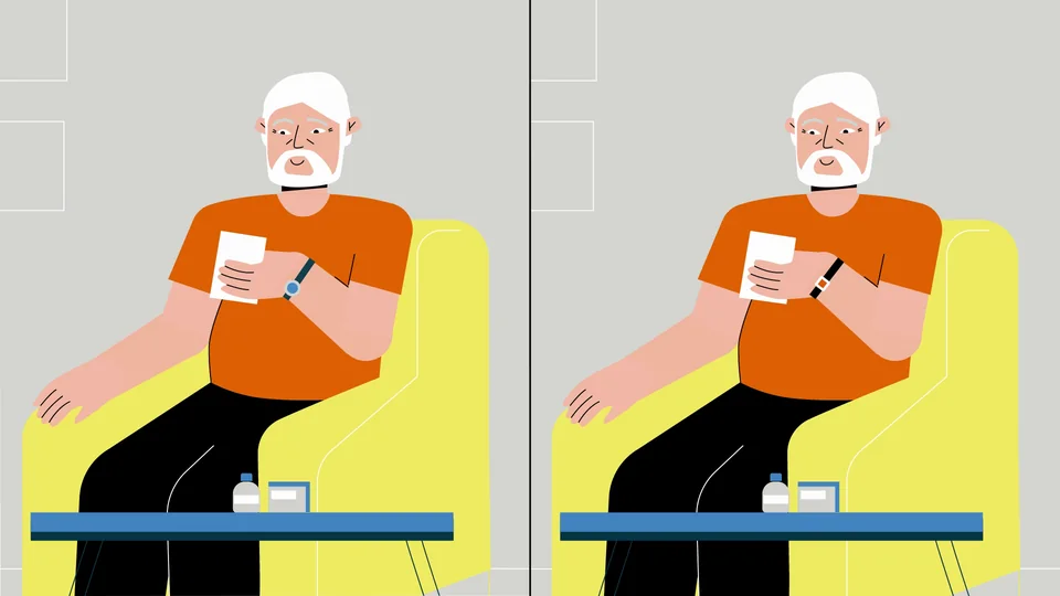 Older adult using a wearable safety device while seated at home