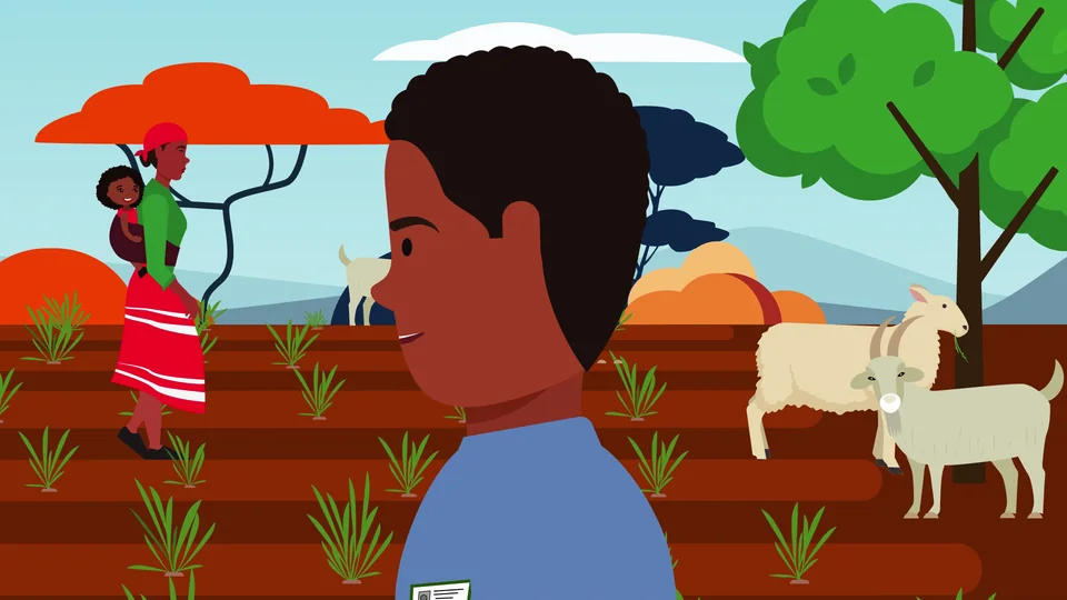 FarmerLink field scene with farmers, livestock, and agricultural crops