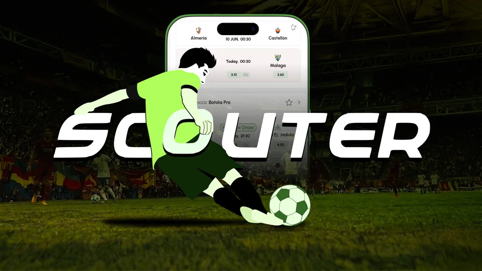 Scouter app cover with an illustrated football player, mobile interface, and stadium backdrop